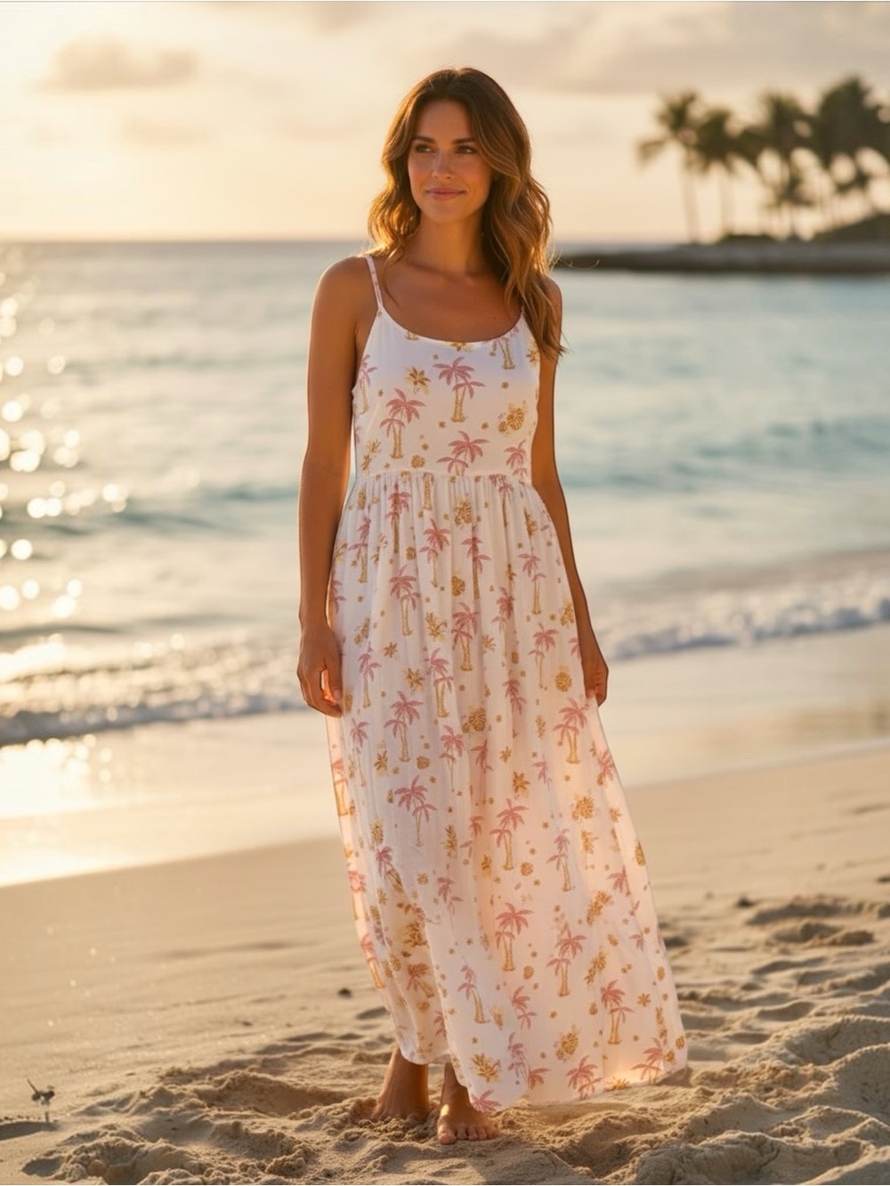 Japna Sz MEDIUM White Palm Tree Smocked Back Maxi Dress Pockets Beach Vacation